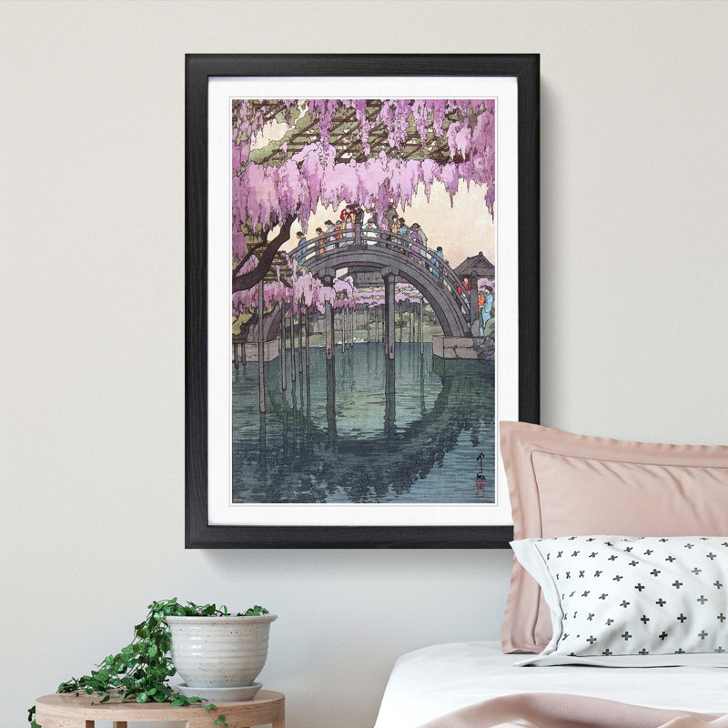 Drum Bridge at Kameido Shrine by Yoshida Hiroshi - Framed Print, 65cm H x 48cm W x 2cm D, Black Framed