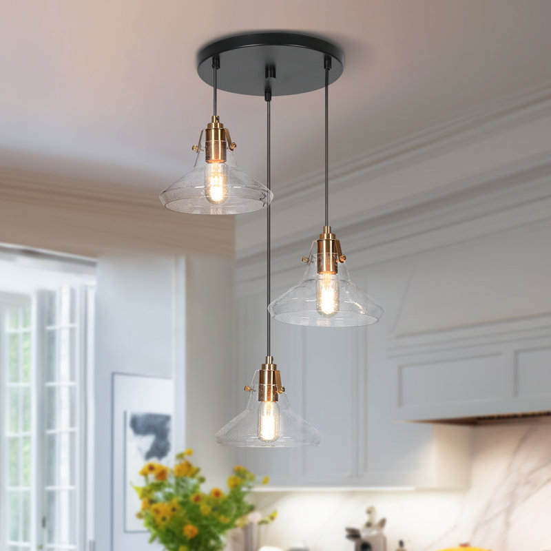 Lustre moderne en grappe dorée à 3 lumières avec verre bullé pour intérieur sec, H 7,5 po x l 18 po x P 18 po, Trois lumières