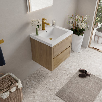 24" Floating Wall Mount Bathroom Vanity with Stone Resin Sink, Soft Close Drawers & Pre-Assembled Cabinet