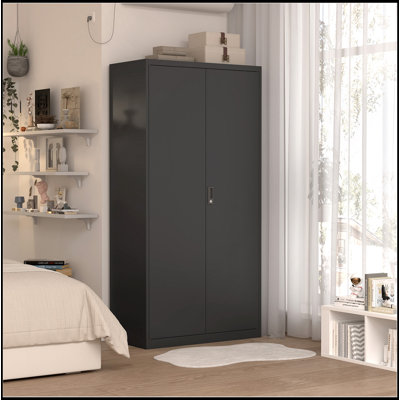 Armoire-penderie en métal, armoire de rangement de chambre à coucher en acier avec vestiaire en acier noir de 70 po avec portes et tringle, garde-robe pour la maison, le bureau et la chambre à coucher, l'école et la salle de sport