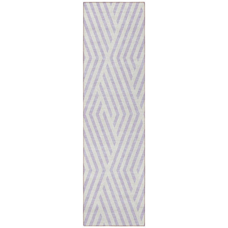 8' Runner Lavender and Ivory Geometric Washable Non Skid Indoor Outdoor Runner Rug