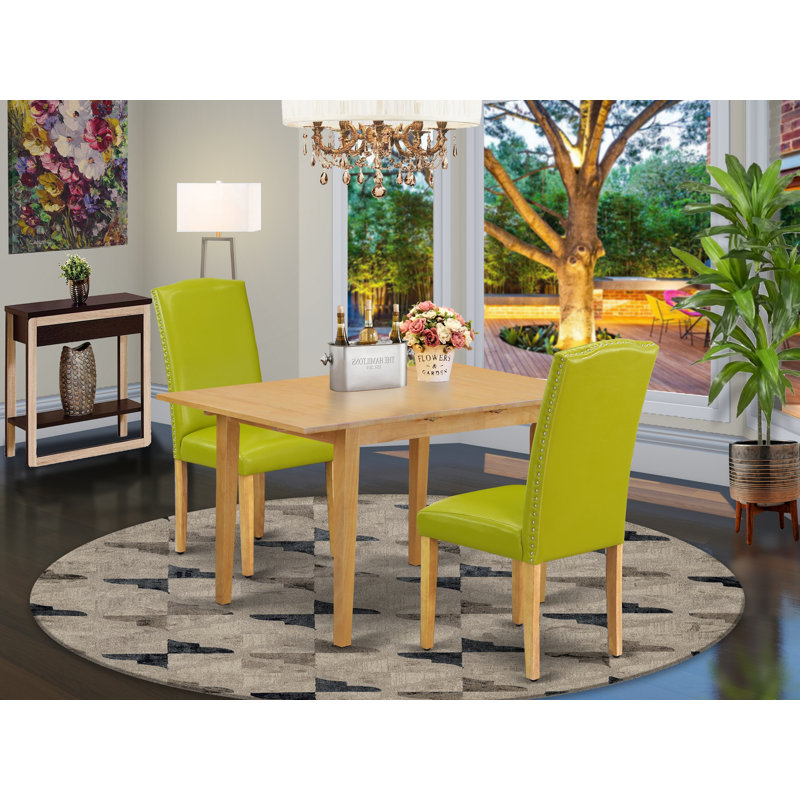 3 Piece Dining Room Table Set Contains a Rectangle Kitchen Table with Butterfly Leaf and 2 Autumn Green Faux Leather Parsons Chairs, Oak