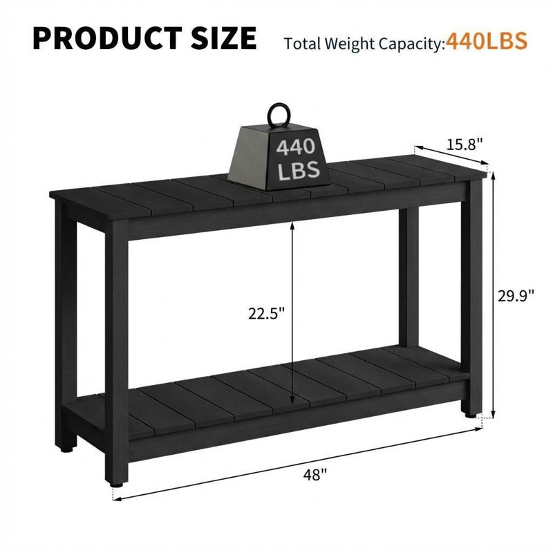 48" Outdoor Console Table with 2 Shelves, Weather-Resistant Patio Buffet and Entryway Table with Adjustable Feet, Black