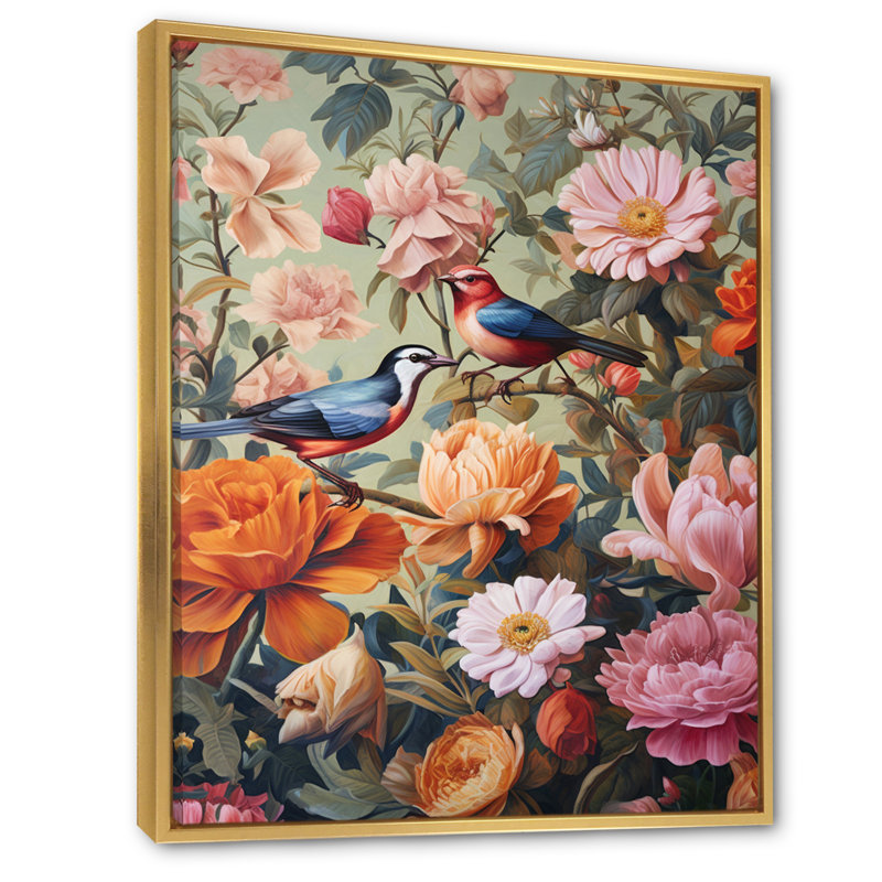 Peinture d'oiseaux tropicaux au paradis, H 40 po x l 30 po x P 1,5 po, Cadre flottant doré