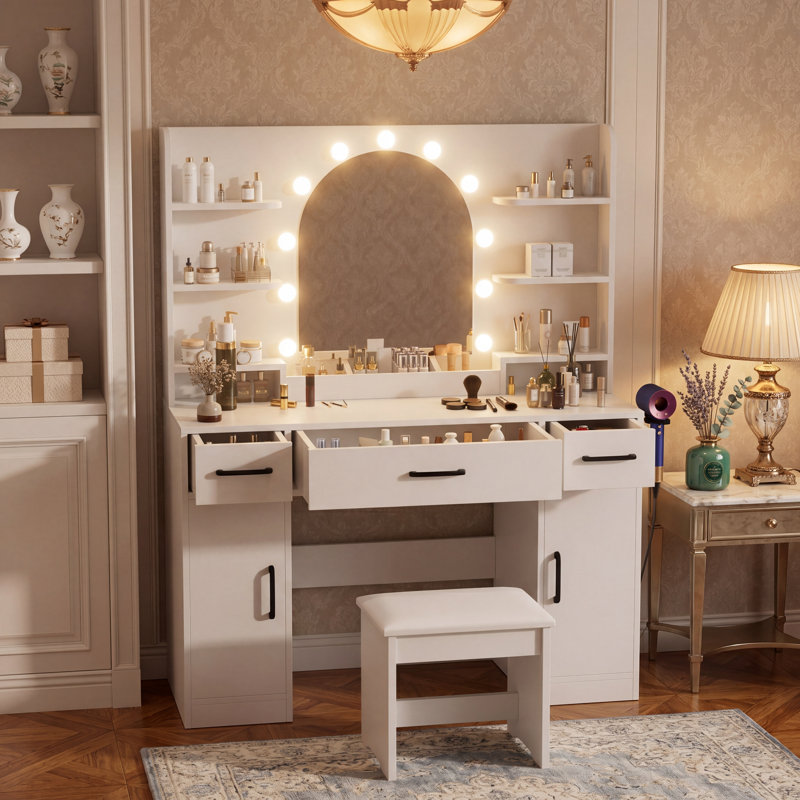 Grand bureau de coiffeuse avec miroir et 10 lumières DEL, 3 tiroirs et 2 tablettes, 3 luminaires réglables pour la chambre à coucher