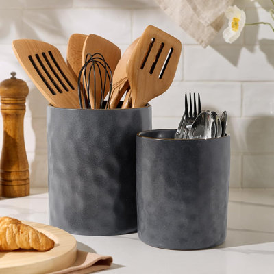 Ocean Utensil Holder, 7.2"+5.8" Ceramic Kitchen Utensil Holder for Countertop, 2 Pieces Cooking Utensil Crocks, Utensil Organizer