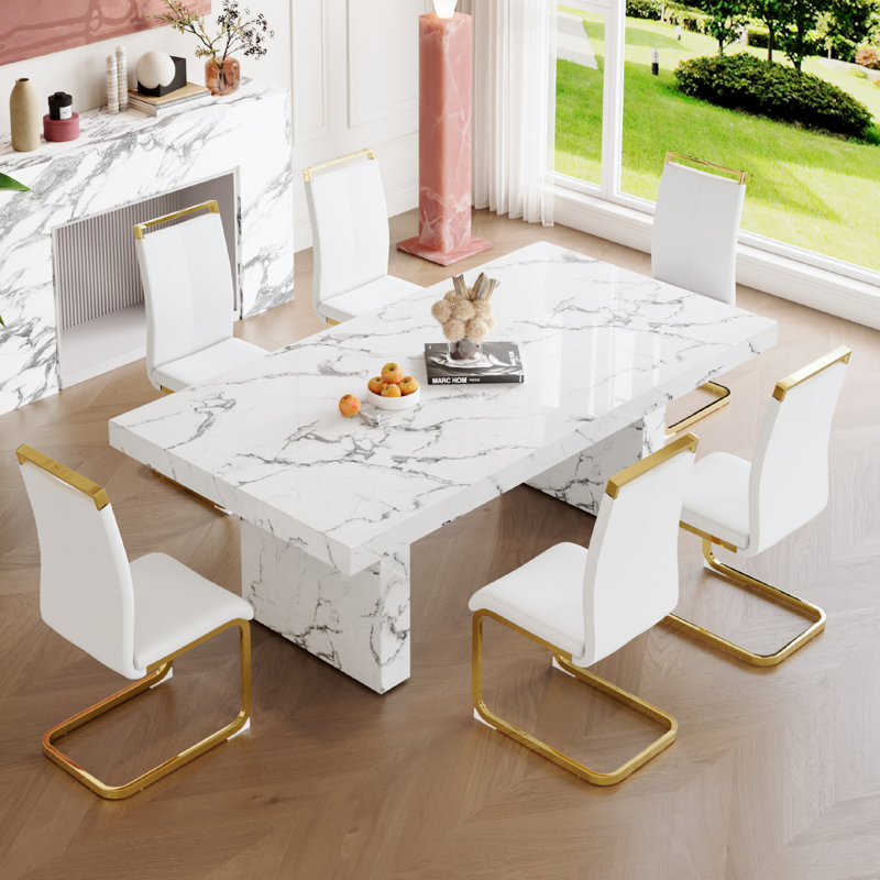 Ensemble de 6 tables de salle à manger en bois, Blanc, 7 pièces : table, 6 chaises