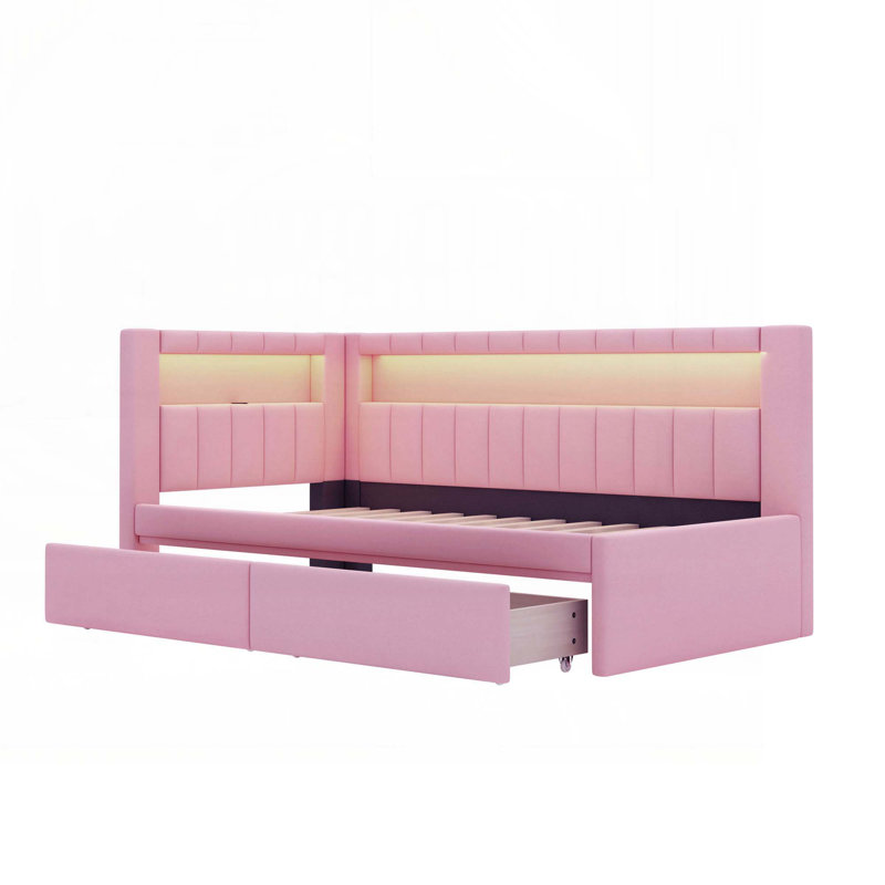 Upholstered Daybed with USB Ports and LED Belt, With 2 Drawers, Pink