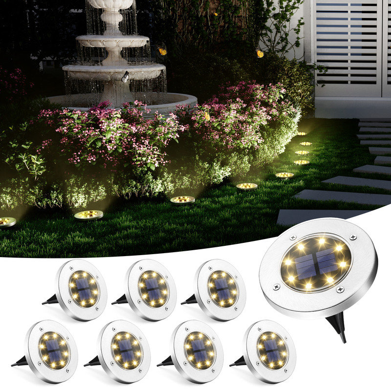 Solar Powered Integrated LED Metal Pathway Light Pack (Set of 8), 3200 K
