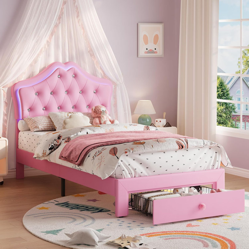 Twin Size Bed Frame with LED Lights & Velvet Crystal Button Headboard, Upholstered Princess/Girl Platform Bed with Storage Drawer, Noise Free, No Box Spring Needed for Kids, Teens, Pink