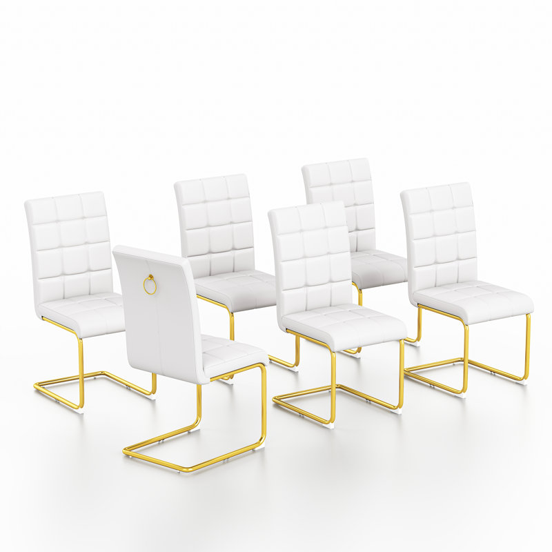 Modern Premium Faux Leather Conference Chairs With C-shaped Tube Metal Legs And High Back, 6, Gold, White