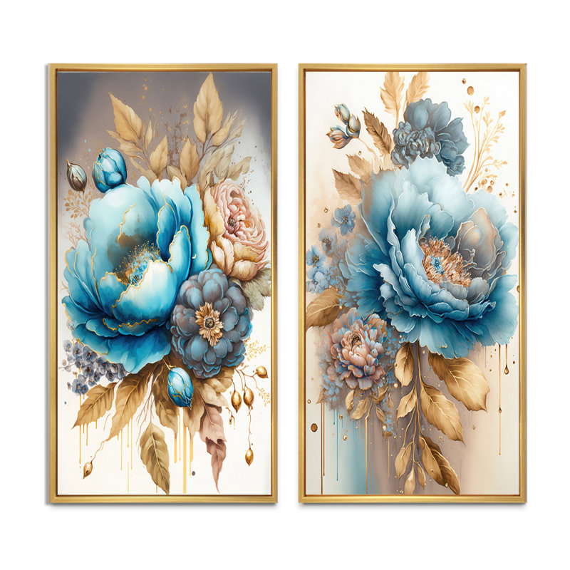 «Bouquet de fleurs mélangées bleu et or II», 2 pièces sur toile, Encadrement brun, H 32 po x l 32 po