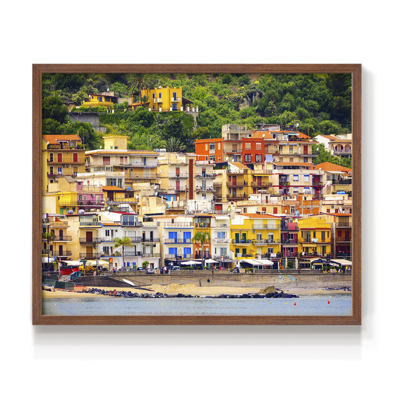 Village de plage italien - reproduction encadrée - réaménageable, H 22 po x l 28 po, Noyer