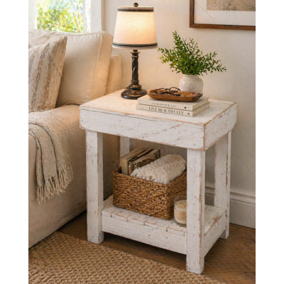 22'' Solid Reclaimed Wood End Table with Shelf | Rustic Side Table | Fully Assembled Accent Table (White)