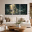 Ensemble de 3 toiles murales représentant un paysage fantastique de grotte baigné de rayons de soleil dorés-613629157