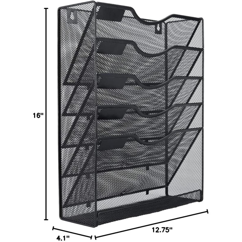 Black Mesh 5-Tier Wall File Organizer: Hanging Folder Sorter with Classify Label, Vertical Wall-Mounted Mail/Paper Storage for Office/Home