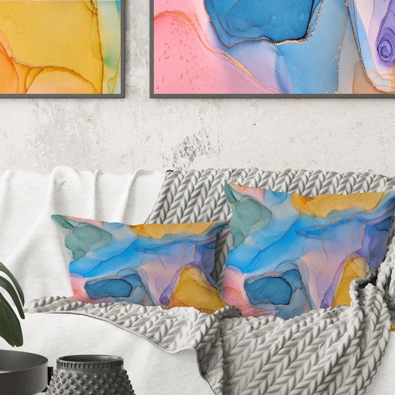 Coussin bleu et jaune, 16 po x 16 po