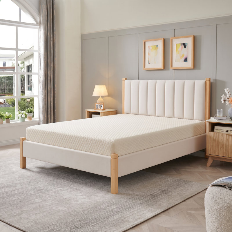 Scandinavian Channel-Tufted Upholstered Bedwith Solid Wood Frame, Queen, Beige Linen, Beige, Queen