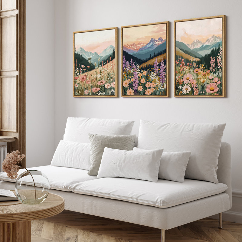 Ensemble de 3 reproductions d'art sur toile Floral Mountain Landscape, Naturel, H 24 po x l 16 po