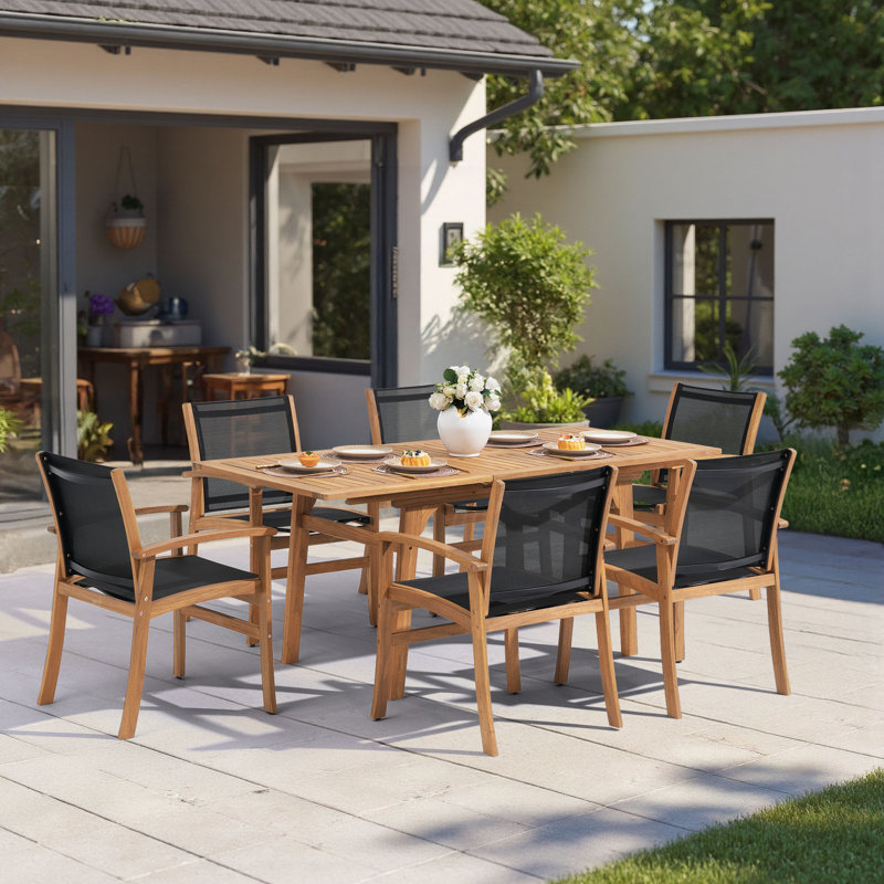 6 - Person Acacia Wood Patio Dining Set With Extendable Rectangular Table, Black