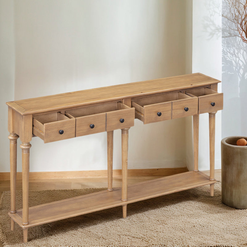 Table d'entrée avec 4 tiroirs, console rétro avec tablette ouverte pour les entrées, les salons et les couloirs, Bois naturel