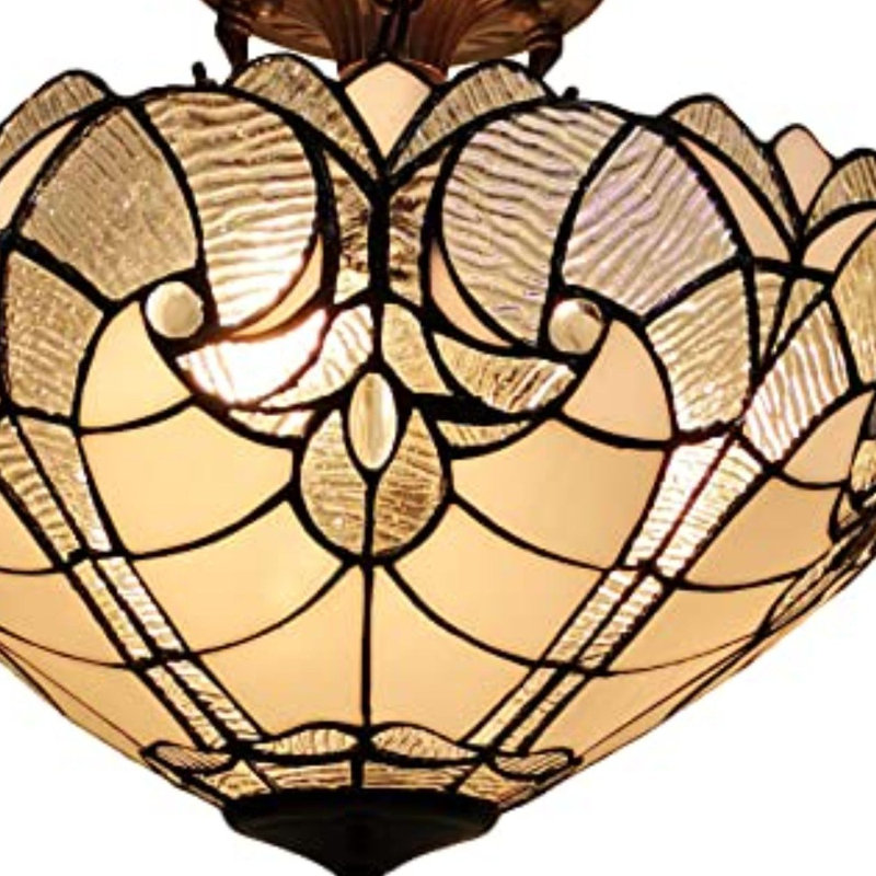 Plafonnier semi-encastré à intensité variable jaune et brun à deux lumières de style Tiffany