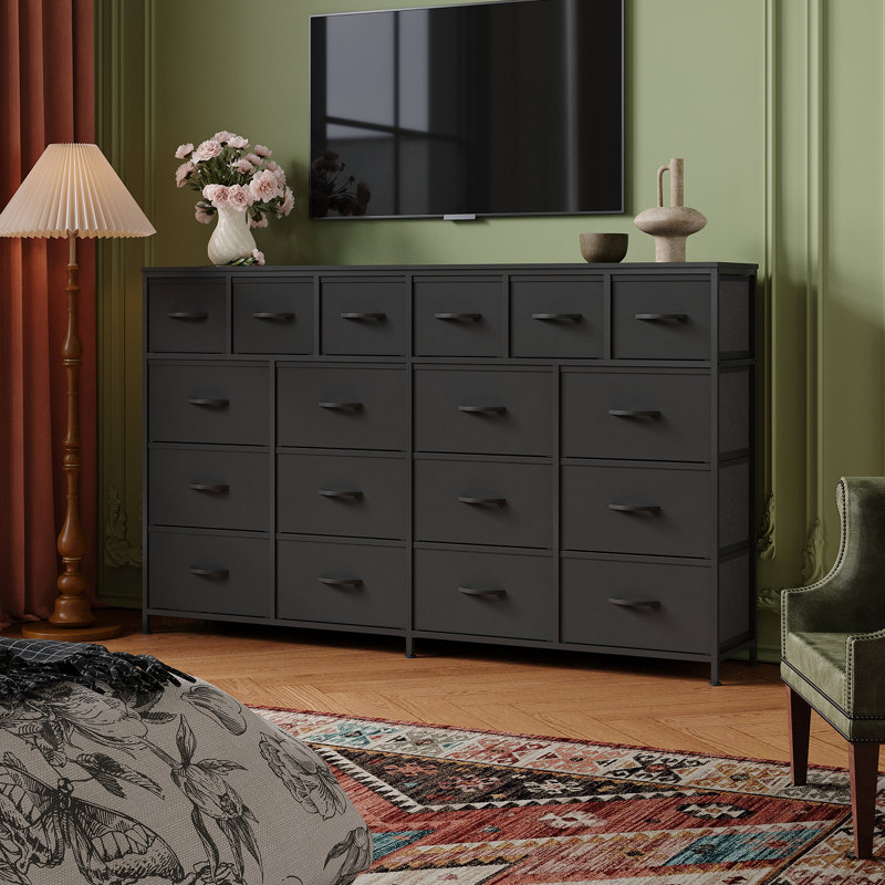 Modern Wide Black Fabric Dresser TV Stand - 63'' Storage Chest with 18 Drawers - Sturdy Steel Frame, Wooden Top, Bedroom or Living Room - Easy Assembly
