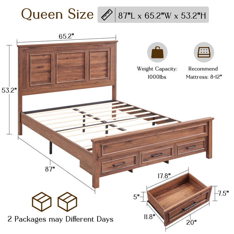 Lit plateforme Queen de style ferme avec tête de lit de 132 cm de haut, cadre de lit Queen en bois avec tiroirs de rangement et pied de lit de 51 cm de haut.