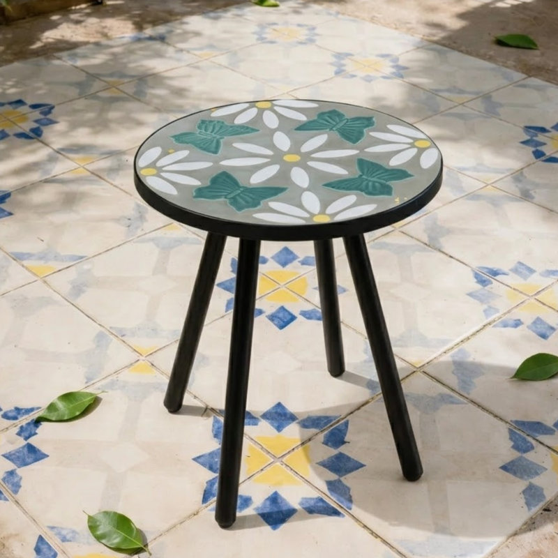 Plateau de table rond en céramique Onyx, Mosaïque blanche / papillon et marguerite