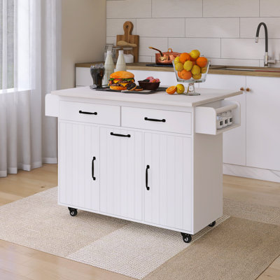 43.8" Drop-Leaf Countertop Kitchen Cart With Trash Can Storage Cabinet And Spice Rack & Towel Rack
