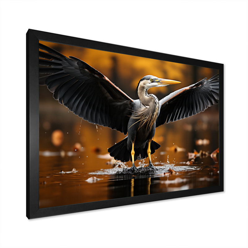 «Yellow Black Heron Elegance» dévoilé sur toile, H 34 po x l 44 po x P 1,5 po, Cadre photo noir
