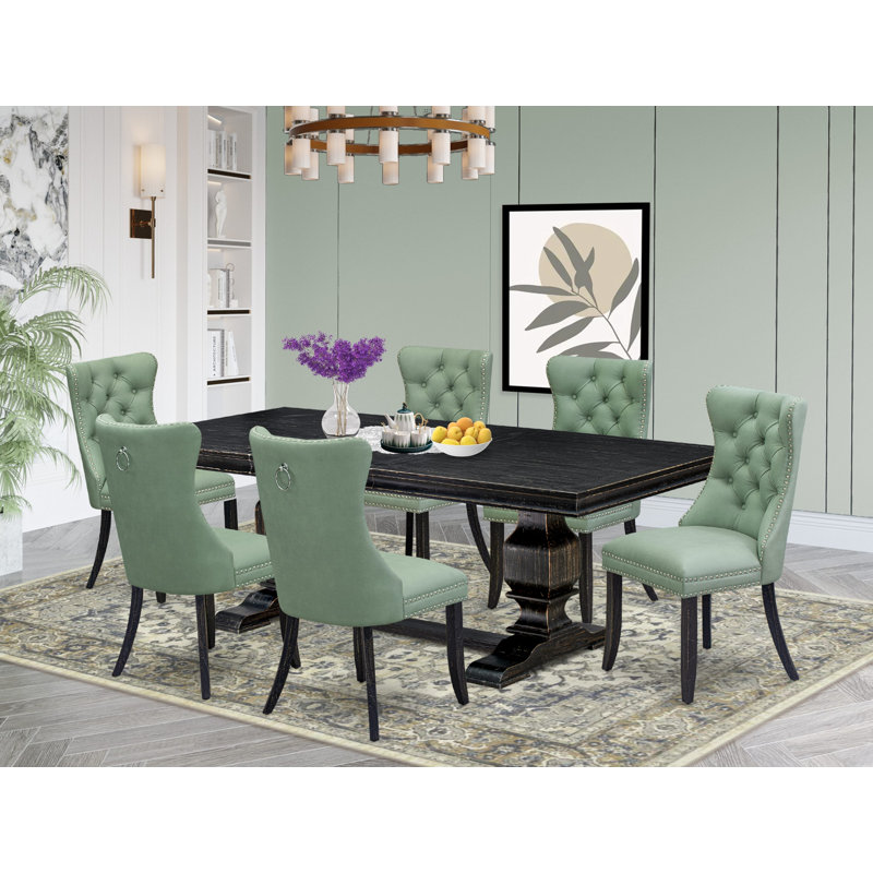 L'ensemble de salle à manger 7 pièces contient une table de cuisine rectangulaire et 6 chaises modernes en tissu de polyester vert saule, noir sablé