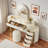 Luxury Makeup Vanity Desk with 3-Color LED Mirror & Stool, Adjustable Length Vanity Table with Movable Side Cabinet and 6 Drawers