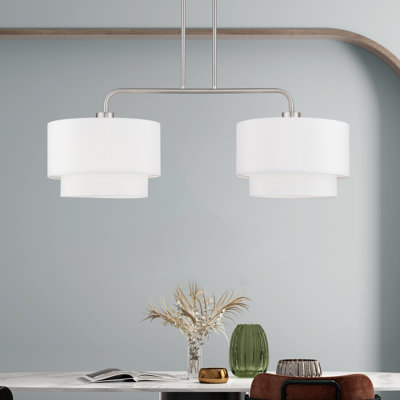 Grand lustre linéaire doré 2 lumières avec abat-jour en tissu blanc cassé fabriqué à la main