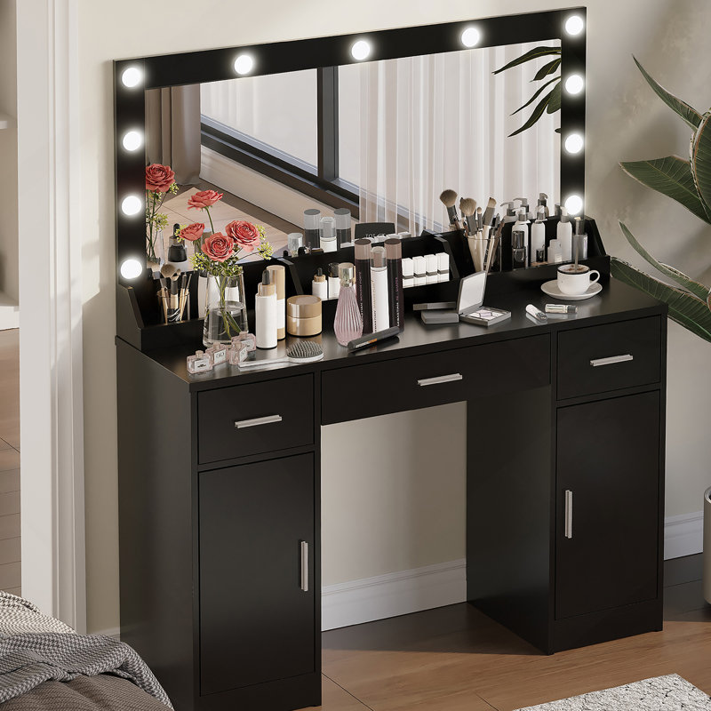 Bureau de coiffeuse 47,2 po avec grand miroir, 3 modes d'éclairage à intensité variable, 3 tiroirs et 2 armoires verticales