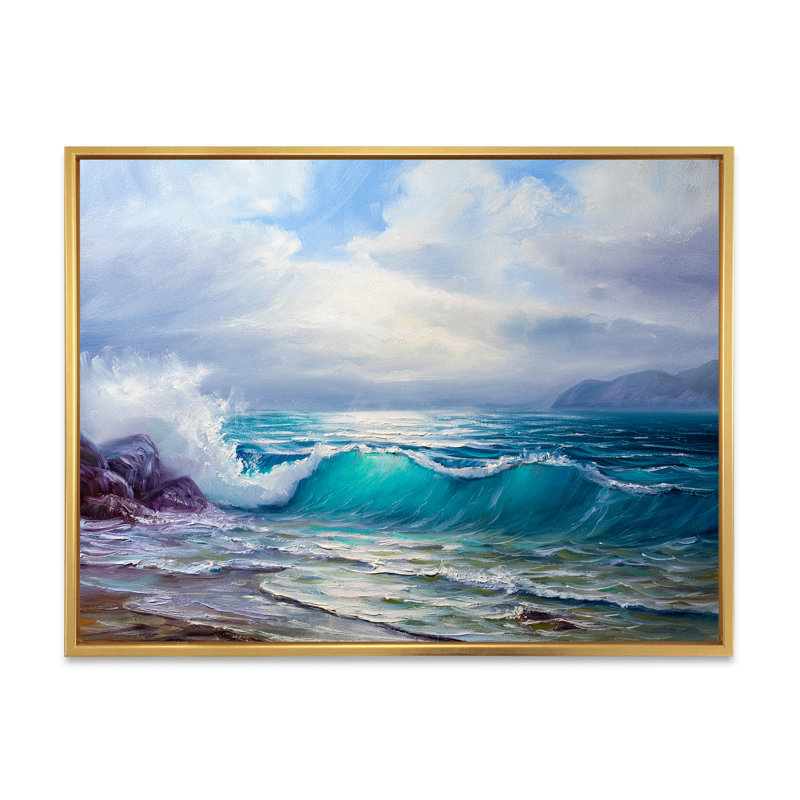 «Blue Ocean Waves Scenery», reproduction sur toile flottante, H 16 po x l 32 po x P 1 po, Cadre flottant doré