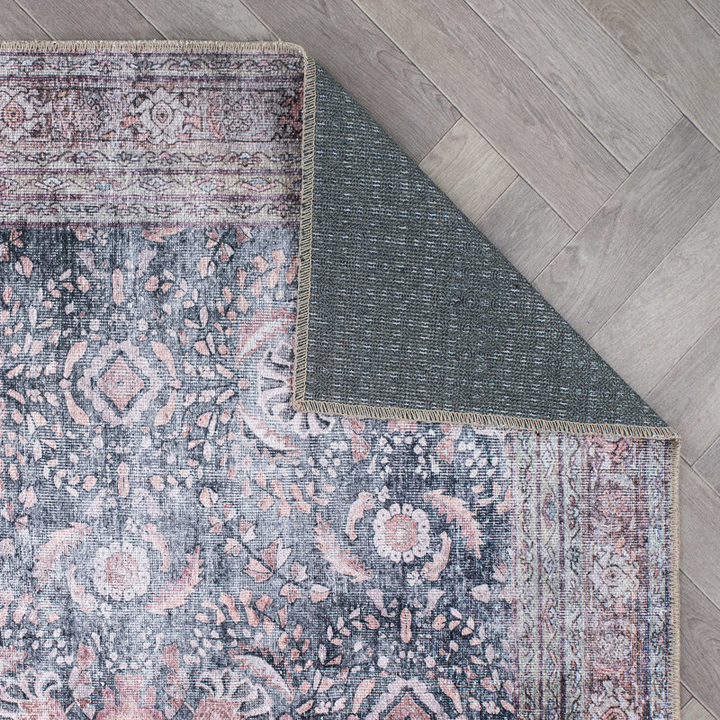 Labarbera Machine Washable Charcoal/Red Non-Slip Backing Area Rug, Rectangle 2' x 3'