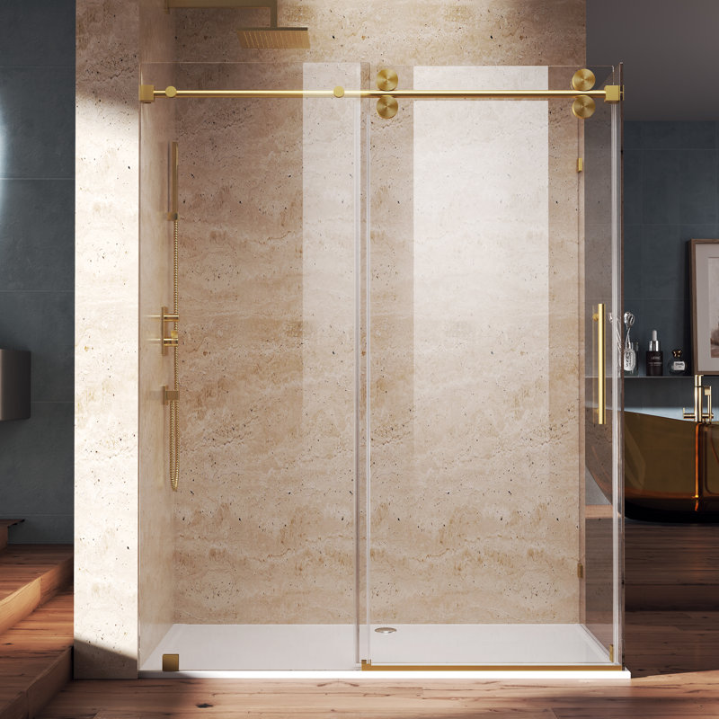 60" W X 35" D X 76" H Sliding Frameless Shower Enclosure With 3/8 Inch Tempered Glass, Brushed Gold, 35" W