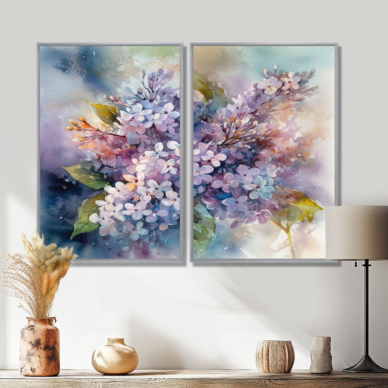 Mauve et vert lilas IV - lilas floral, art mural 2 panneaux, H 36 po x l 48 po, Impression encadrée flottante, Argent argent