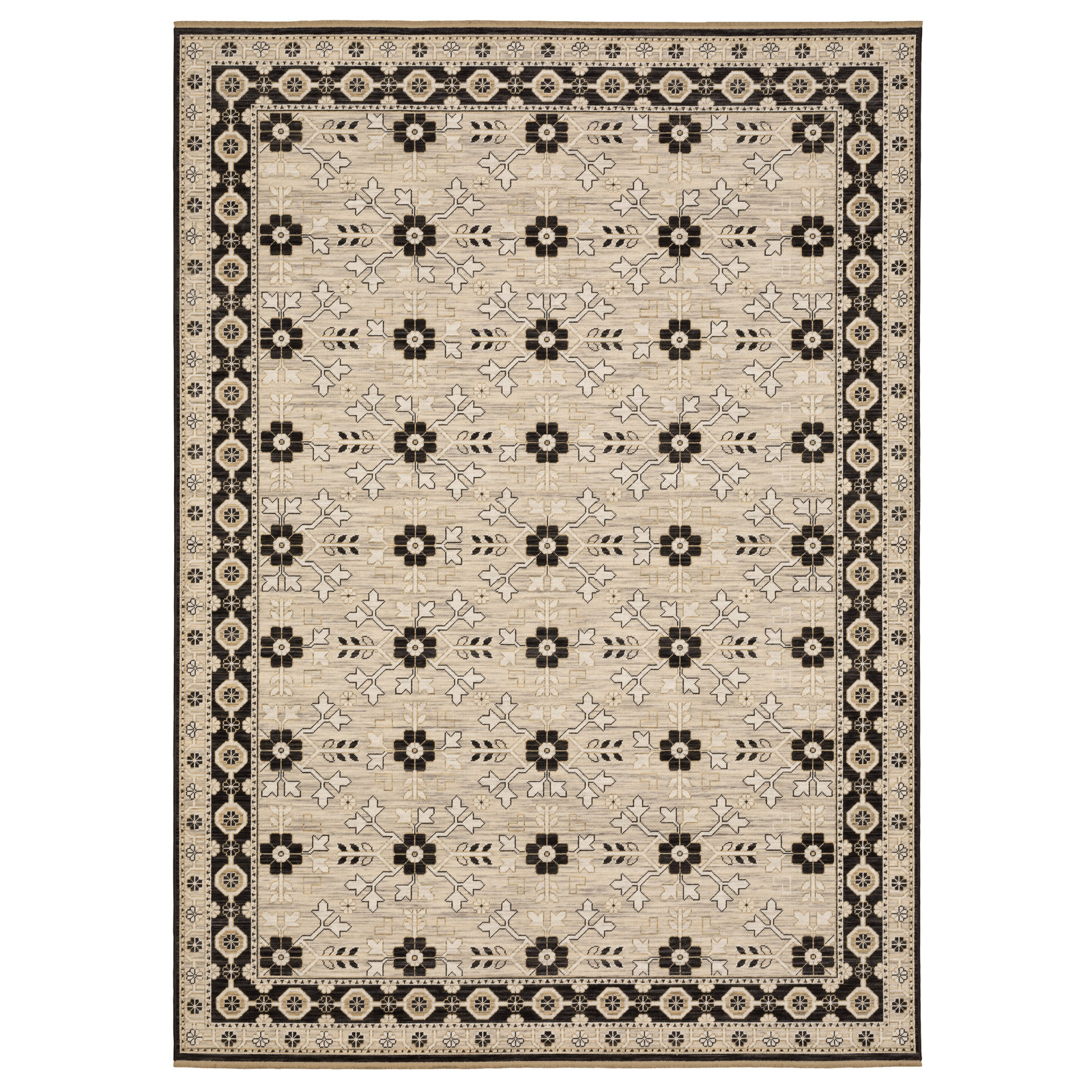 Abena Beige Black Floral Oriental Wool Rug, Rectangle 2' x 3'