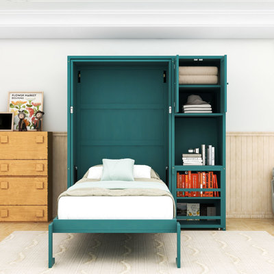 Twin Murphy Wall Bed with Top Cabinet, Extendable Desk and Shelves