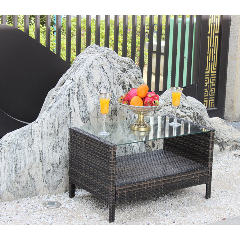 Table basse d'extérieur avec cadre brun, verre trempé transparent, 34,6 x 20,5 x 17,7 pouces, eau, assemblage facile
