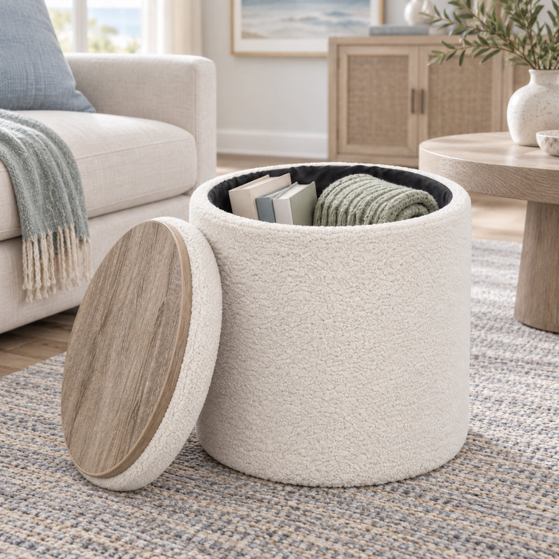 Repose-pieds rond avec rangement de 16,9 pouces de hauteur, Ourson blanc
