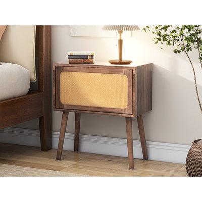 Mid Century Modern Rotating Hidden Compartment Bedside Table, With Wood Legs, Walnut Finish, For Bedroom, Living Room. Features Flip Drawer And Curved Compartments, Stable Quick To Assemble