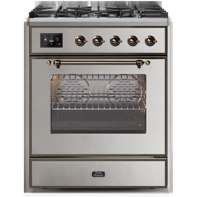 ILVE Majestic II Series 30 inch Dual Fuel Range with 5 Sealed Burners (Glass Door), Natural Gas, Stainless Steel/Bronze