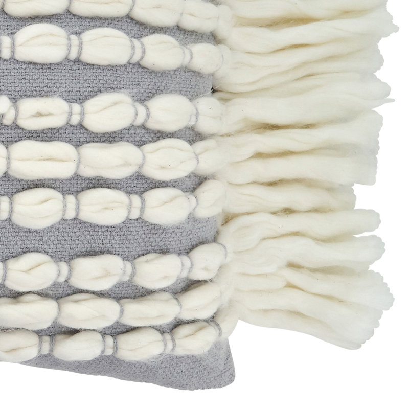 Grey and White Cotton Chunky Fringe Pillow Cover, 16" x 23"