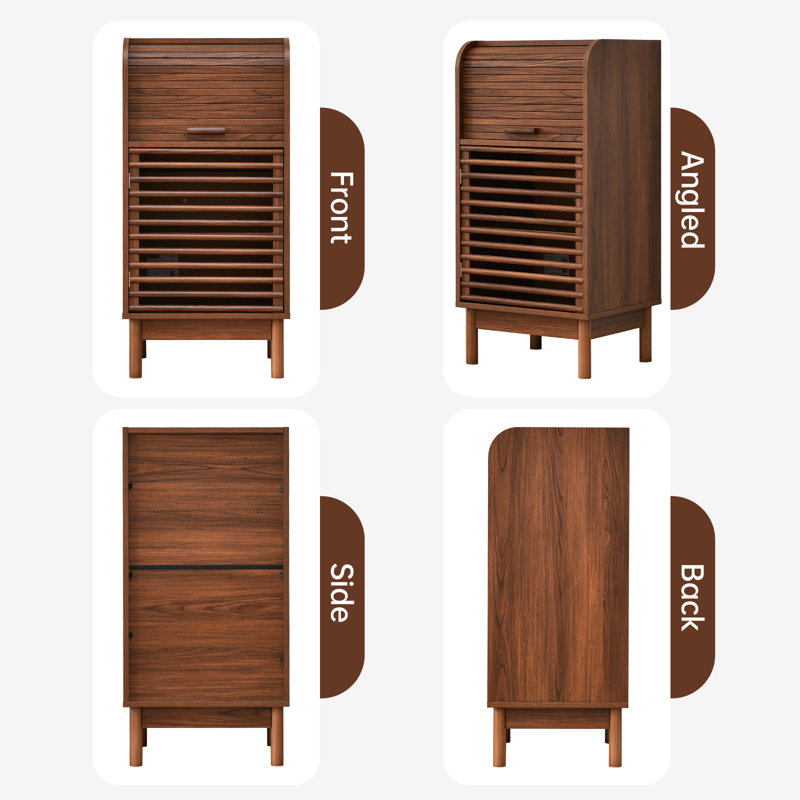 Bachman 36” Tall Brown Cabinet With Roll-Up Door And Adjustable Shelf – Modern Slatted Storage Organizer