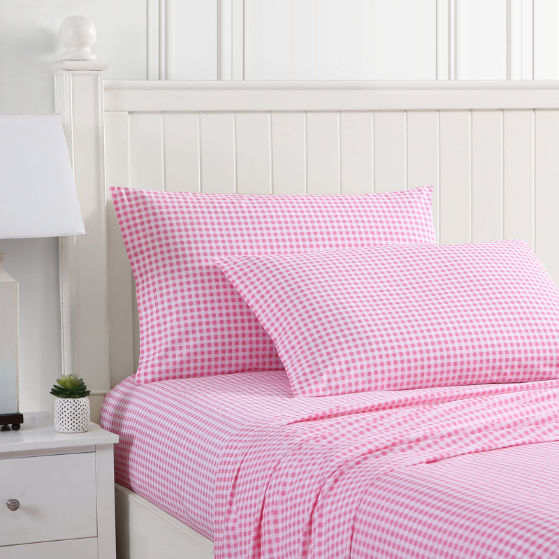 Ensemble de draps en coton percale Poppy & Fritz, Ensemble de draps grand lit + 2 taies d'oreiller, Carreaux guingan rose