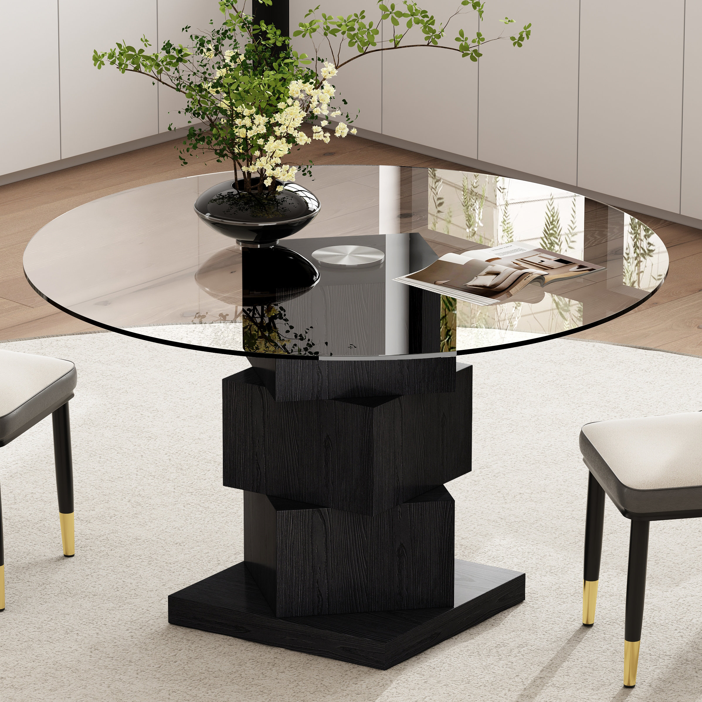 Mcswain Wood Pedestal Round Dining Table Tempered Glass Top