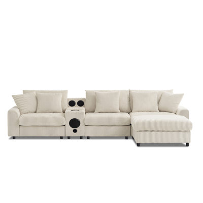 [VIDEO]112*64'' Corduroy Sectional Sofa With Bluetooth Speakers,L-Shaped Couch With Console,USB Charger,Cup Holders,Storage,Ottoman,Deep And Wide Seat Cloud Sofa For Living Room&Apartment,2 Colors